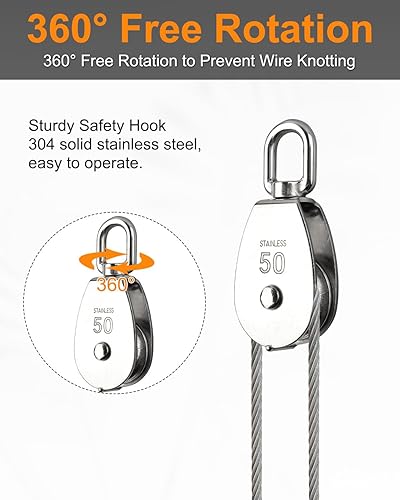 Miniatura 28 de 304 - Polea de grúa de elevación de acero inoxidable 304, rueda de polea colgante de cuerda de alambre, con gancho de resorte., plateado