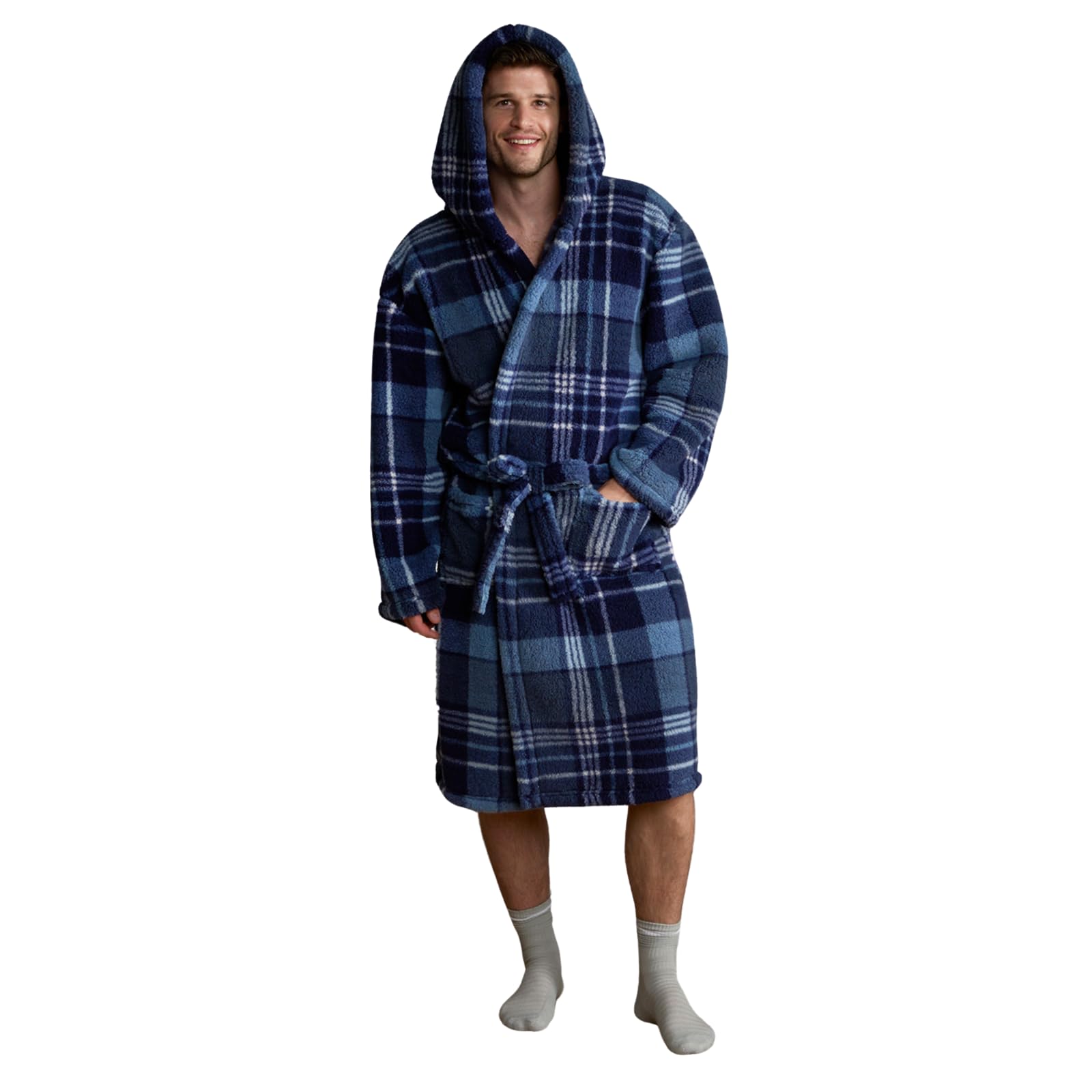 Ohs Women's Navy Blue Mens Dressing Gowns Teddy Fleece, Gifts For Men Super Soft Warm Tartan Check Bathrobe With Hood & Pockets Luxury Oversized Fluffy Dressing Gown Men, Navy One Size