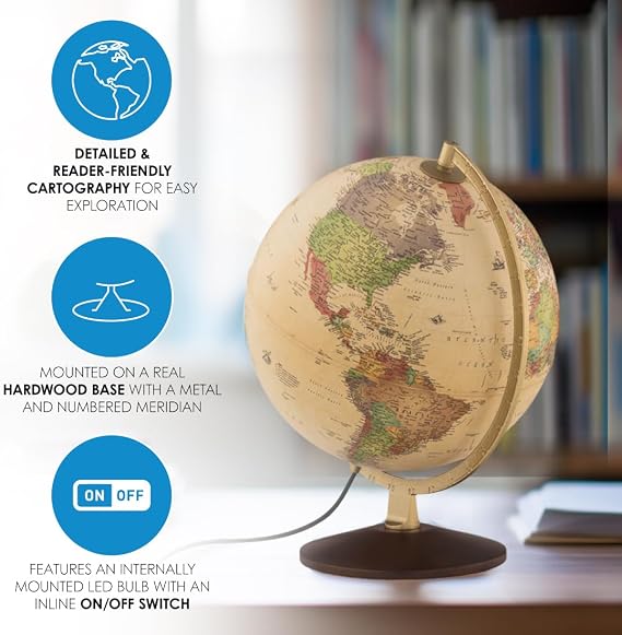 Waypoint Geographic Little Journey Globe, 10 Illuminated Antique Ocean-Style World Globe, Up-to-Date Globe, Durable Design, Reference Globe, Complements Any Home or Office Decor