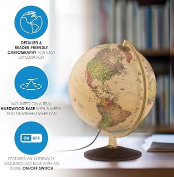Waypoint Geographic Little Journey Globe, 10 Illuminated Antique Ocean-Style World Globe, Up-to-Date Globe, Durable Design, Reference Globe, Complements Any Home or Office Decor