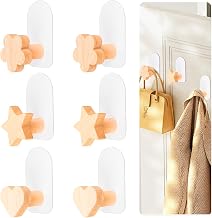 Wall Hooks Wooden Metal J Shape Self Adhesive No Drilling 6 Hooks Rustic Style Max Weight 2kg Bathroom Bedroom Kitchen