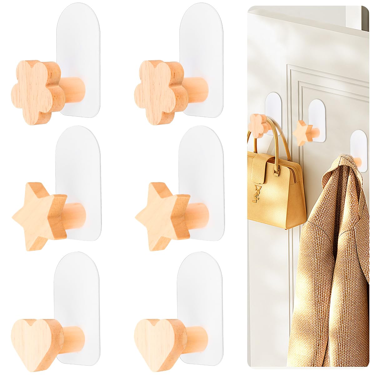 Encuryna 6 ganchos de pared de madera, autoadhesivos, ganchos para toallas sin taladrar, ganchos de pared para baño, dormitorio, cocina, sala de estar, ganchos para ropa de niños
