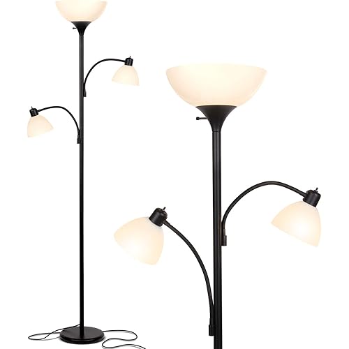 Brightech Sky Dome Double LED Floor Lamp, Torchiere Super Bright Floor Lamp with 2 Reading Lamps for Living Rooms & Offices - Dimmable Tall Standing Lamp for Bedroom Reading - Tall Black Pole