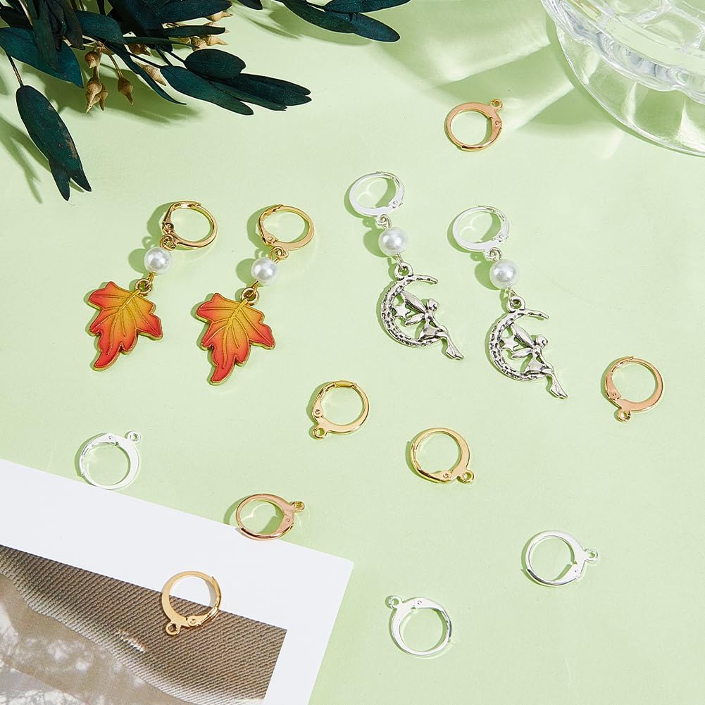 Beebeecraft 1 Box 60Pcs Round Leverback Earring Findings 24K Gold & 925 Sterling Silver & Rose Gold Plated 304 Stainless Steel French Huggie Hoop Earring Hooks Earwire Clasp for Jewelry Making