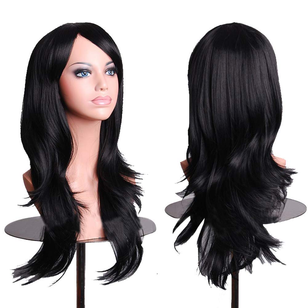 Hippity Hop Party Perfect Team Spirit Glam Long Wig Accessory Synthetic Hair 25 Curl Wig (Black) For Angel Theme Birthday, Halloweens, Anniversary, Wedding, Bridal Shower Decoration (Reusable)