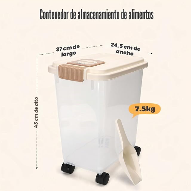 Foto 2 de 7 de Nobleza 2* Contenedor de Pienso para Mascotas 20L, con Ruedas, Tapa Abatible, Cuchara y Marcador de Fecha