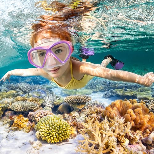 Image of Kids Swim Goggles Snorkel Diving Mask for Boys Girls Ages 5-15, Two-Color Anti-Fog Swimming Goggles with Nose Cover