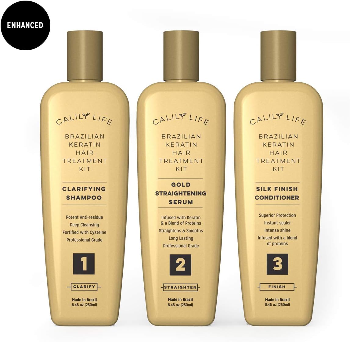 Brazilian Keratin Hair Treatment Set by Calily Life, Professional Grade Blowout Kit Includes Clarifying Shampoo, 100% Formaldehyde Free Straightening Serum and Silk Finish Conditioner - 3 Step System