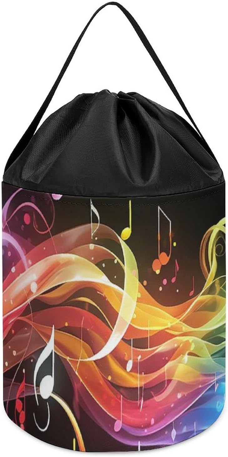 Trendy-floral-print Toy Storage Drawstring Tote Bags Rainbow Musical Note Melody Printed Large Toy Storage Bags Foldable Storage Bin
