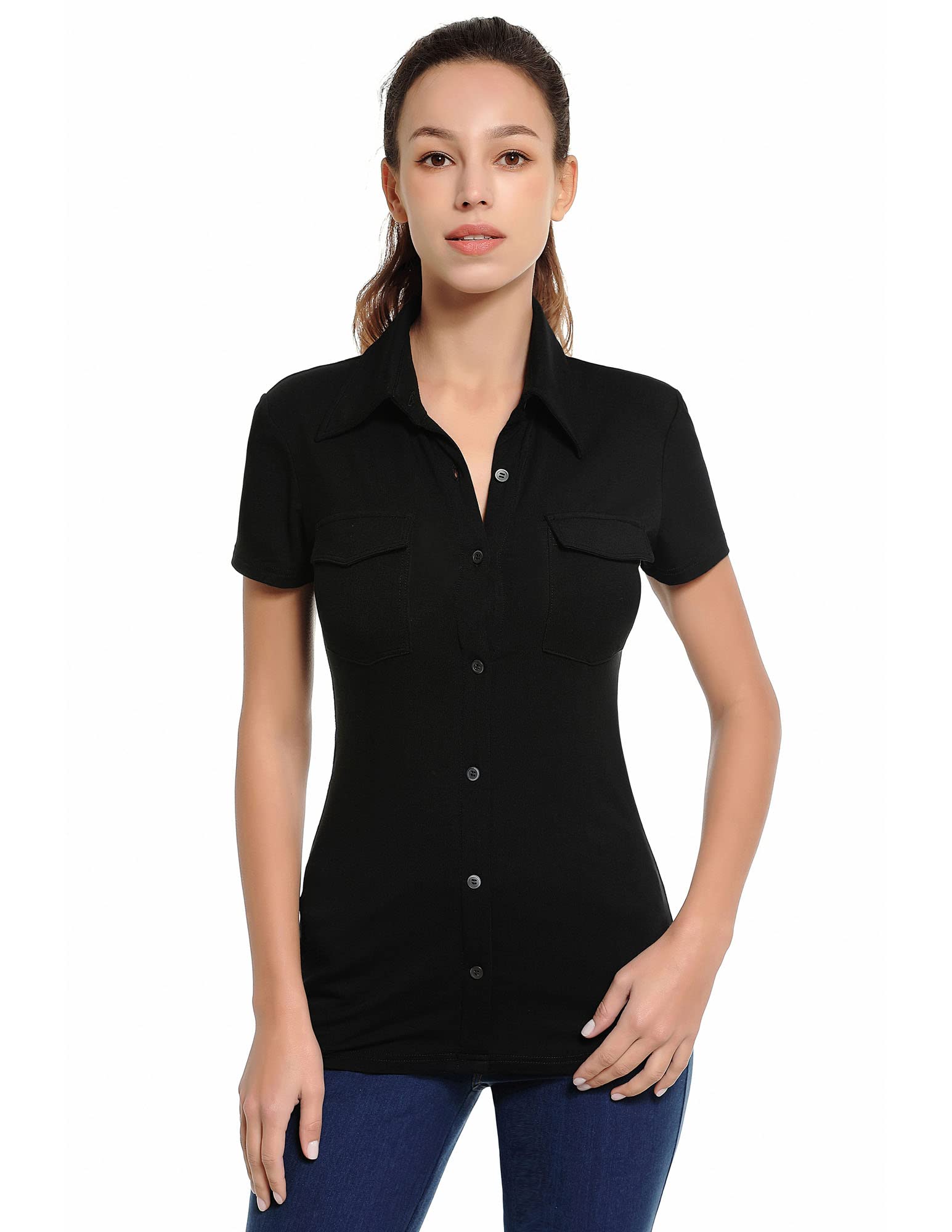 AmélieBoutik Women Collar Button Up Short/Long Sleeve Blouse Shirt, Short Sleeve Black, XS