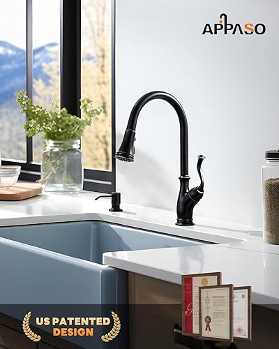 Miniatura 2 de APPASO Grifo de cocina de bronce aceitado con dispensador de jabón, grifo de cocina de acero inoxidable con rociador extraíble de 3 funciones de