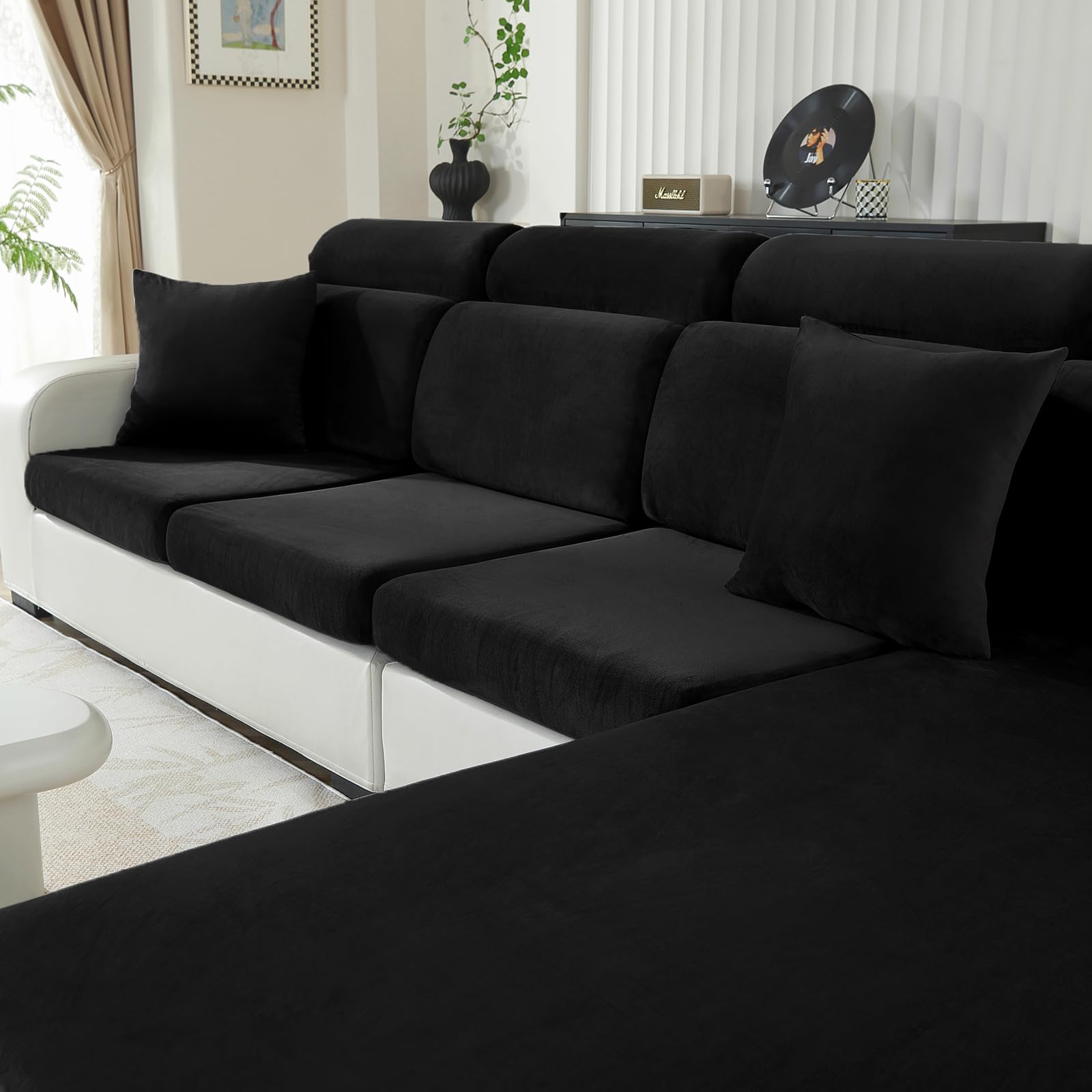 Funda Asiento Sofa Terciopelo Alta Elástica, Funda Cojin Sofa Ajustable Protector, Antideslizante, Separado, Universal, Lavable(Chaise Longue, Negro) Global Recycled Standard Global Recycled Standard Global Recycled Standard
