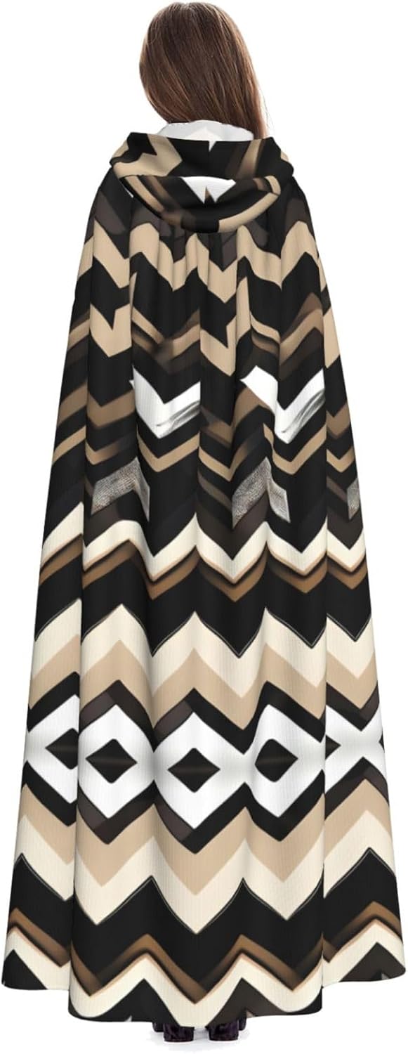 Black White Tan Zigzag Print Men Hooded Cloak,Wizard Hooded Robe,Witch Cape Cosplay Costume Halloween Party Capes