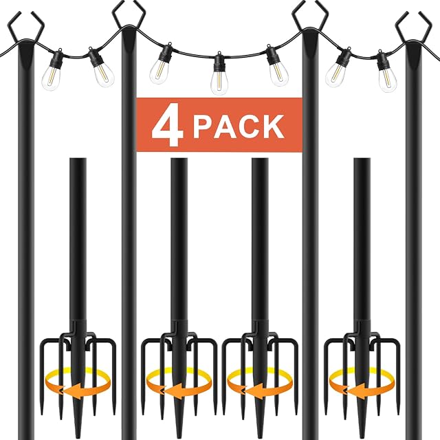 10Ft String Light Poles 4 Pack Light Poles for Outside Lights Outdoor with Fence Brackets Hanging Lights Metal