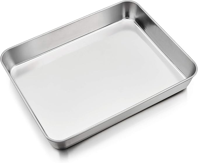 P&P CHEF 12.3 Inch Stainless Steel Sheet Cake Pan, Rectangular Baking Pan for Lasagna Brownie Meats, Cookie Tray Fits in Toaster Oven, Easy Clean & Heavy Duty (1Pc)