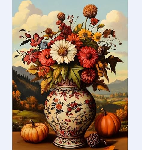 Henypt Stamped Cross Stitch Kits,Daisy Bouquet and Pumpkin Cross Stitch Ornament Kits for Adults Beginners, Counted Embroidery Needlepoint Kits Home Decor Adult Craft Kits