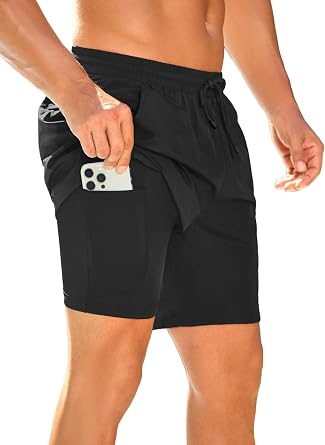 Mens Swim Trunks with Compression Linner Waterproof Swim Shorts with Zipper Pocket Quick Dry Board Shorts for Men