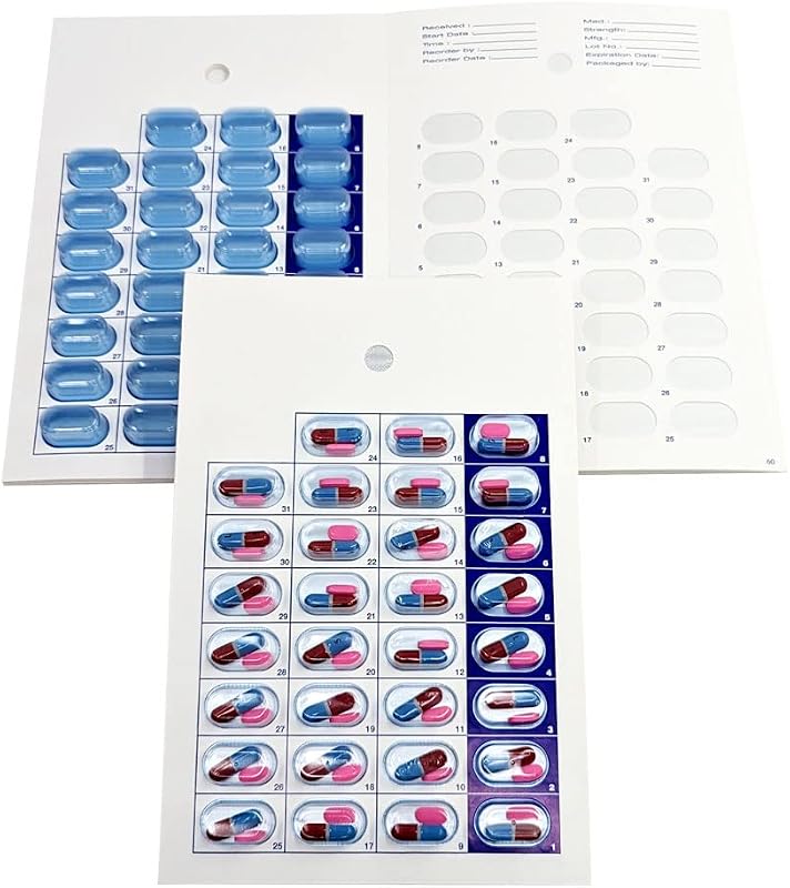 100 Pack Monthly or Weekly Cold Seal Medication Blister Pack System Cards - One Piece Unit Dose Book Fold, Easy No Extra Equipment Needed, Just Fill and Seal, (31 Day Monthly - 100 Pack)