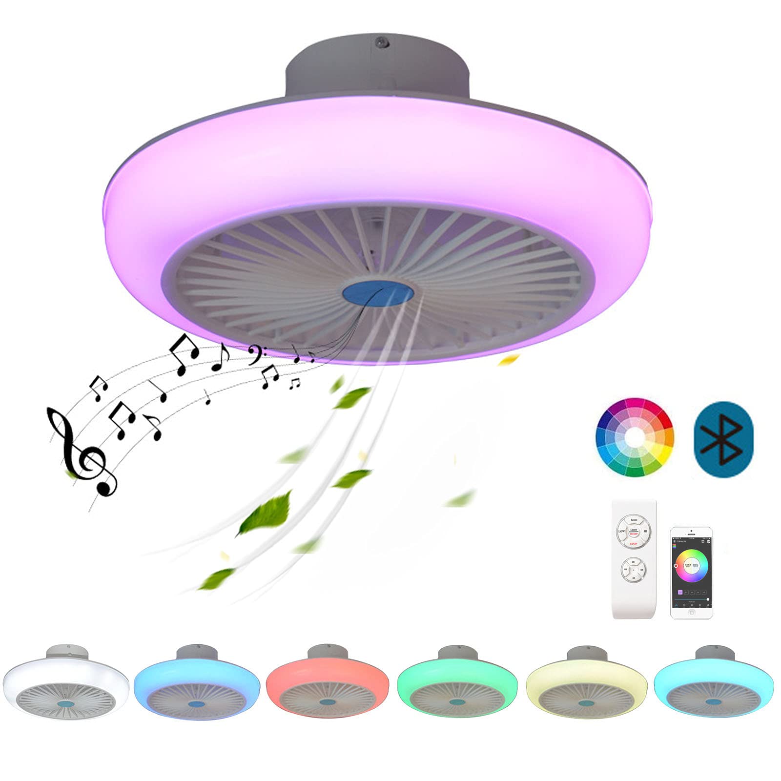 VOMI LED RGB Deckenventilator mit Beleuchtung Licht Fernbedienung Leise Kinderzimmer Flach Farbwechsel Deckenleuchte mit Ventilator Dimmbar Musik Bluetooth Lautsprecher Schlafzimmer Rund Weiß