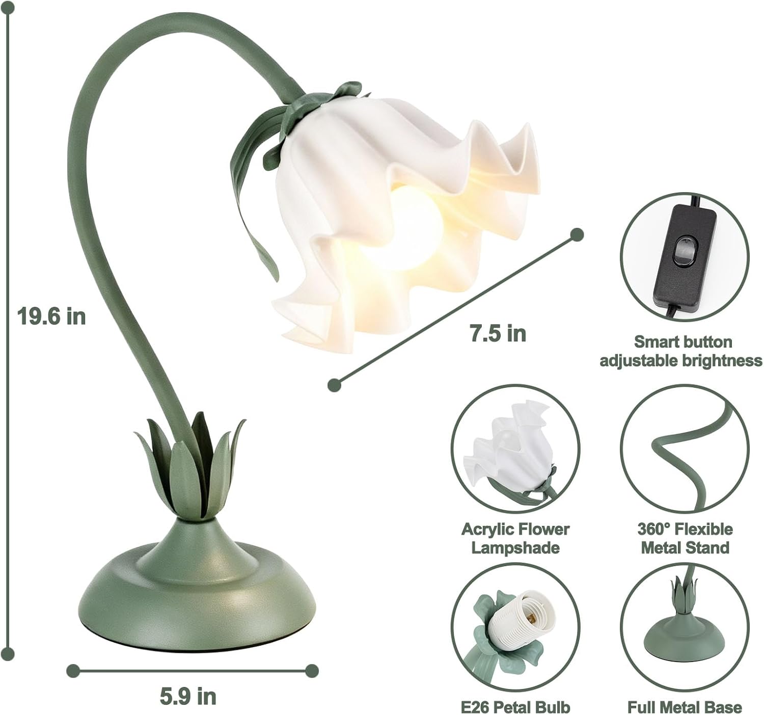 Flower Lamp LED Reading Light - Flower Table Lamp 3 Color Modes, Vintage Desk Lamp with E26 Bulb, Bedside Lamps for Bedroom, Living Room, Home Decor