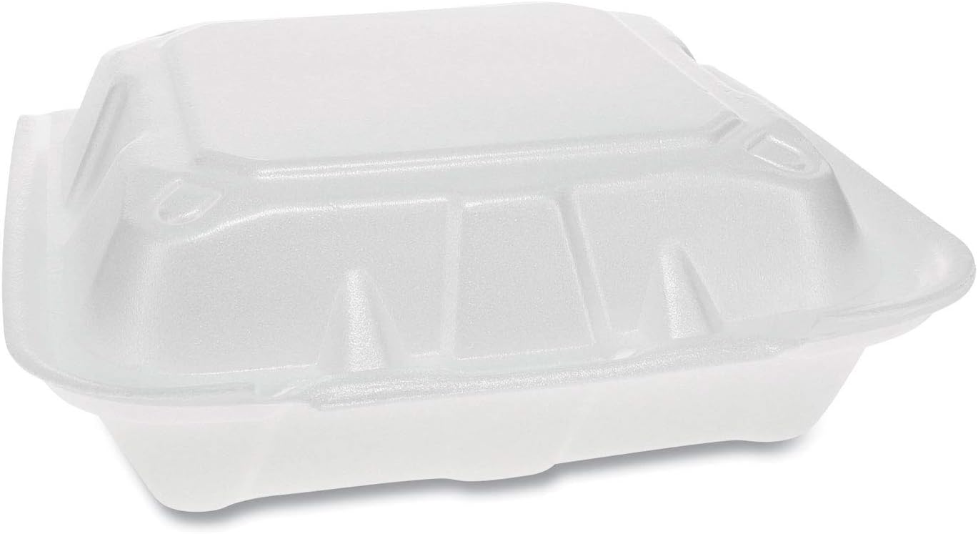 pactiv evergreen vented foam hinged lid container, dual tab lock economy, 3-compartment, 8.42 x 8.15 x 3, white, 150/carton