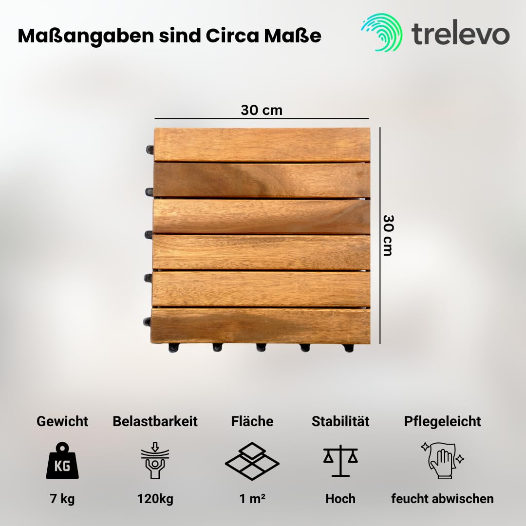 Akazienholz geölt Holzfliese 30x30 cm Bodenbelag mit Drainage Balkonfliesen 11 Stück für 1m²