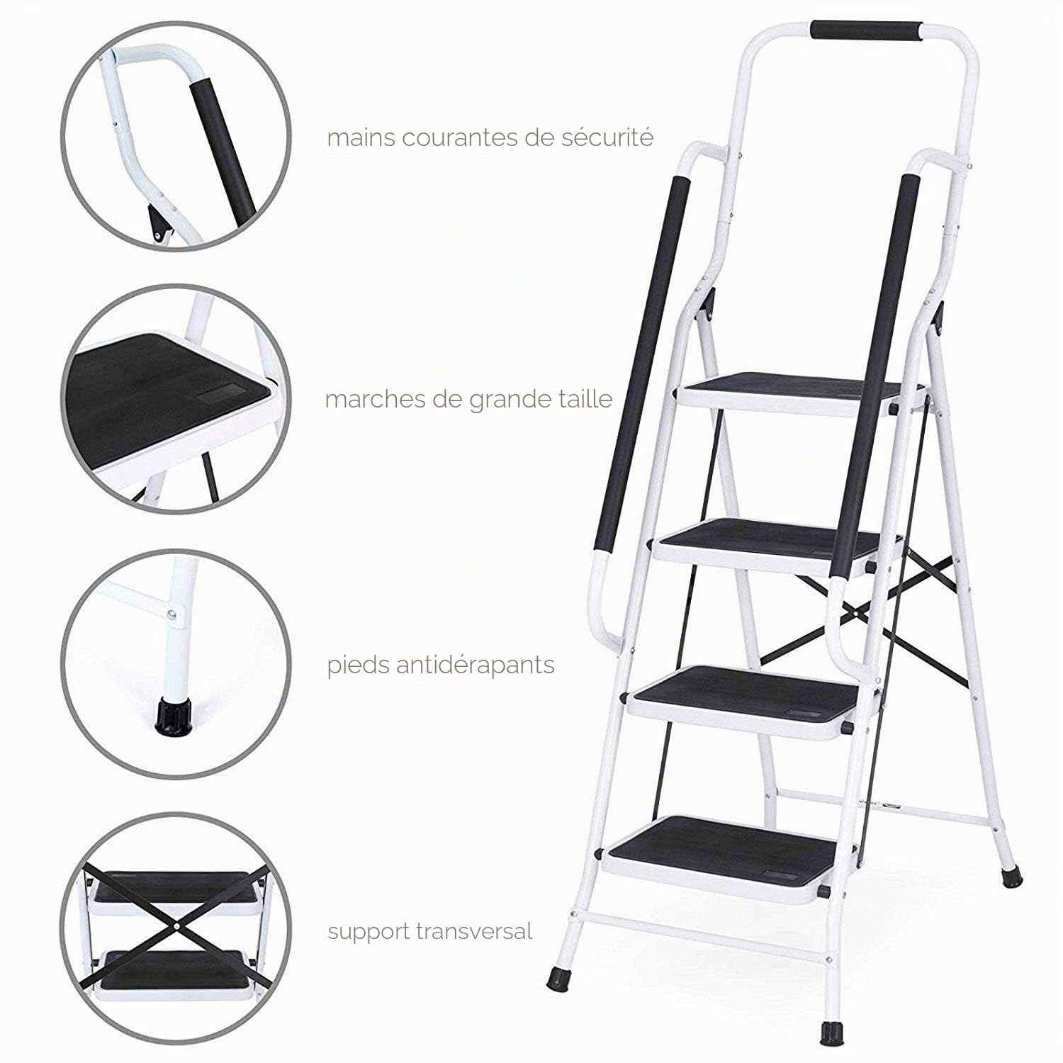 Escabeau 4marches Pliant, Marchepied Echelle Pliable en Acier Pieds et Marches Antidérapants Robuste Jusqu’à 150kg de Charge