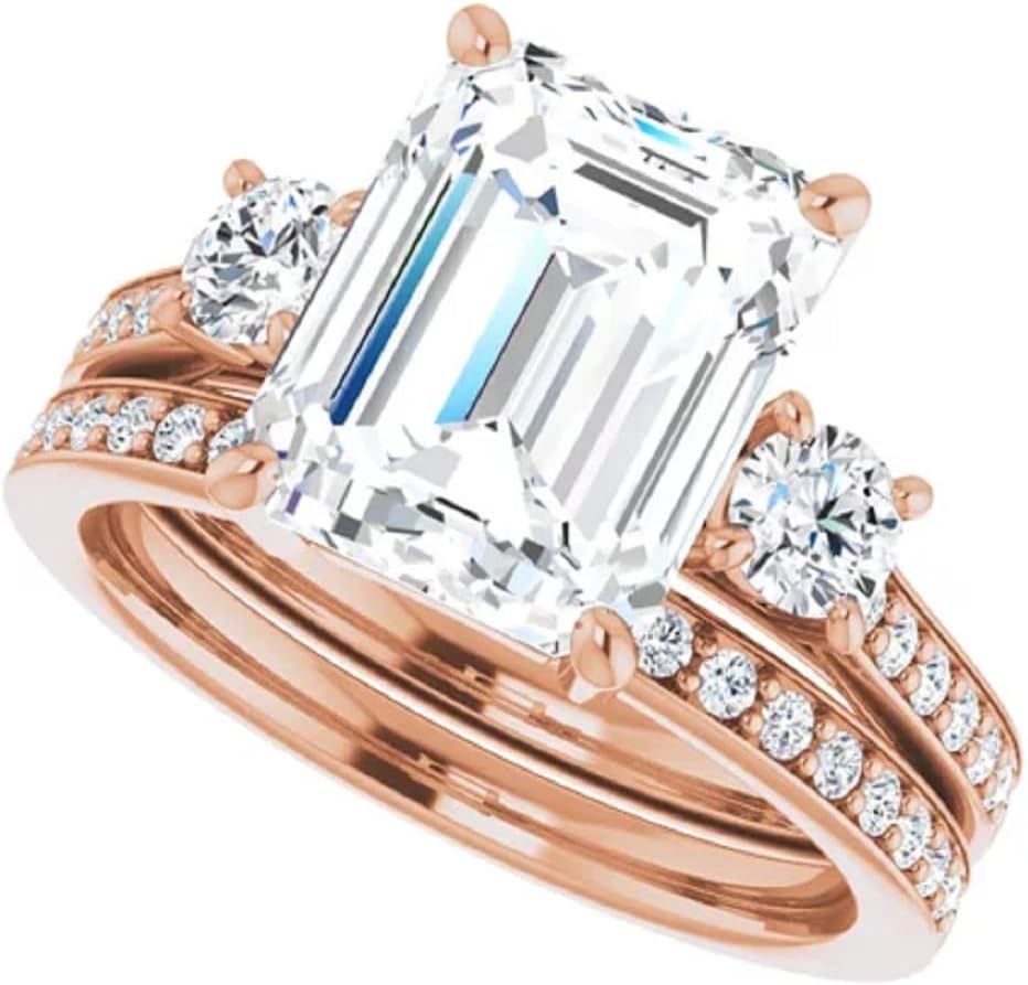 1-6 CT Emerald Cut Solid Rose Gold Colorless Moissanite Engagement Ring Set, Sterling Silver Vintage Anniversary Ring Set for Her