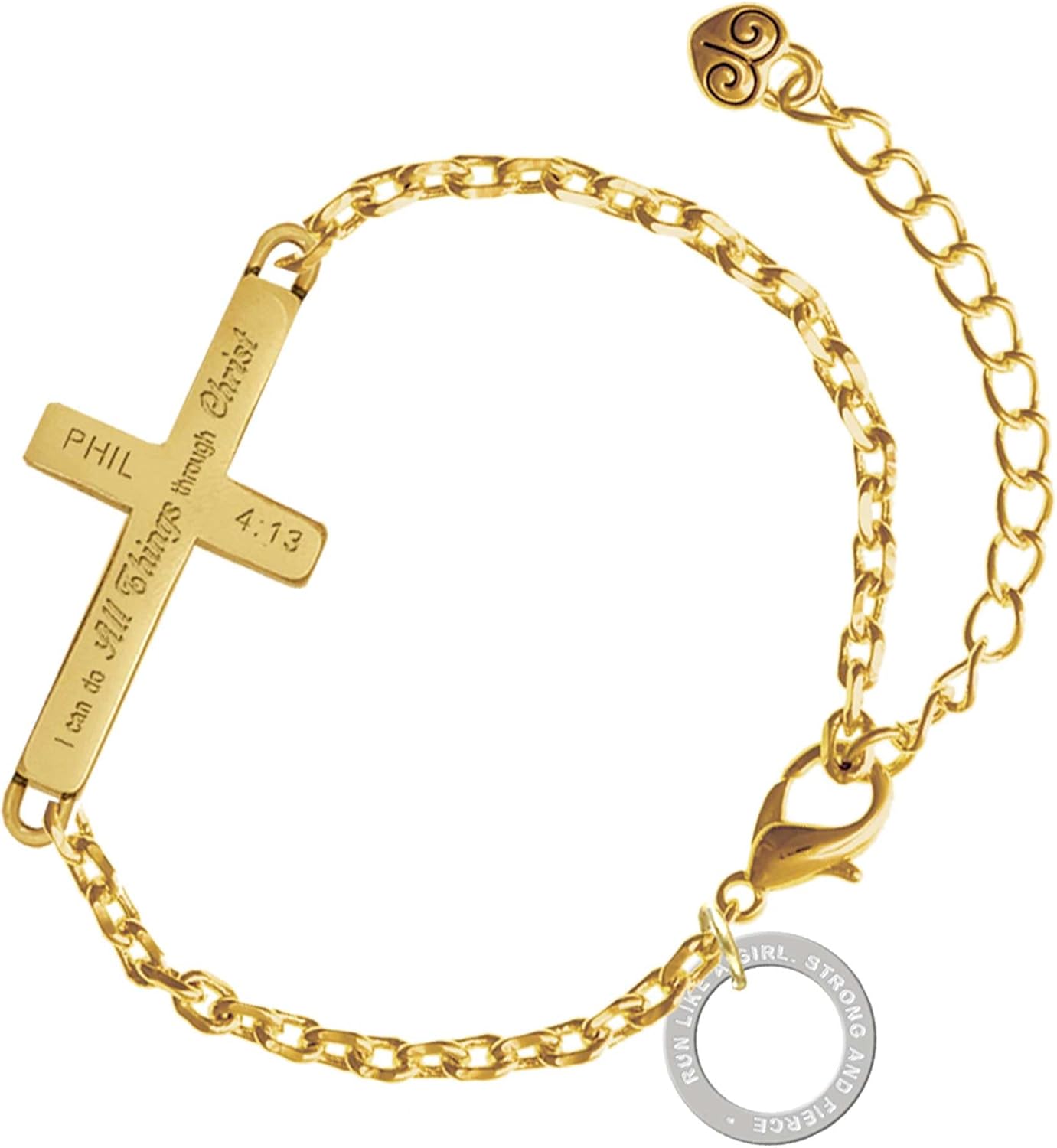 Delight Jewelry Silvertone Run Like A Girl Eternity Circle - Gold Tone Philippians 4:13 I Do All Things Through Christ Engraved Cross Charm Bracelet, 6.5+1.5" Extender