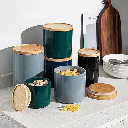 Miniatura 5 de SWEEJAR Recipiente de cerámica para almacenamiento de alimentos, recipientes apilables con tapa hermética de madera para servir café molido, té,