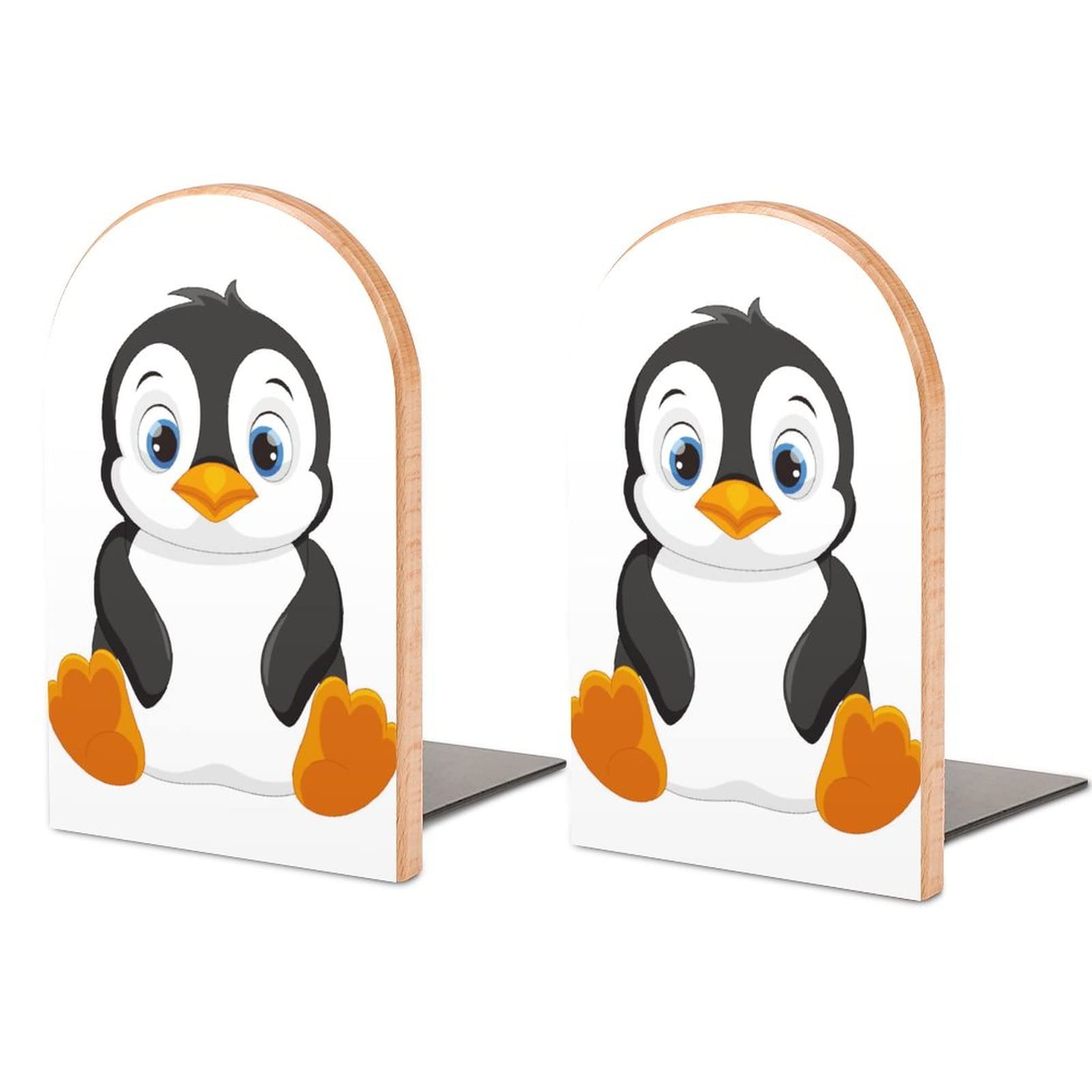 Book Ends Bookends for Shelves to Hold Books Cute Penguin Cartoon Print Small Non-Slip Book Stoppers Wood Decorative Home Office Desk