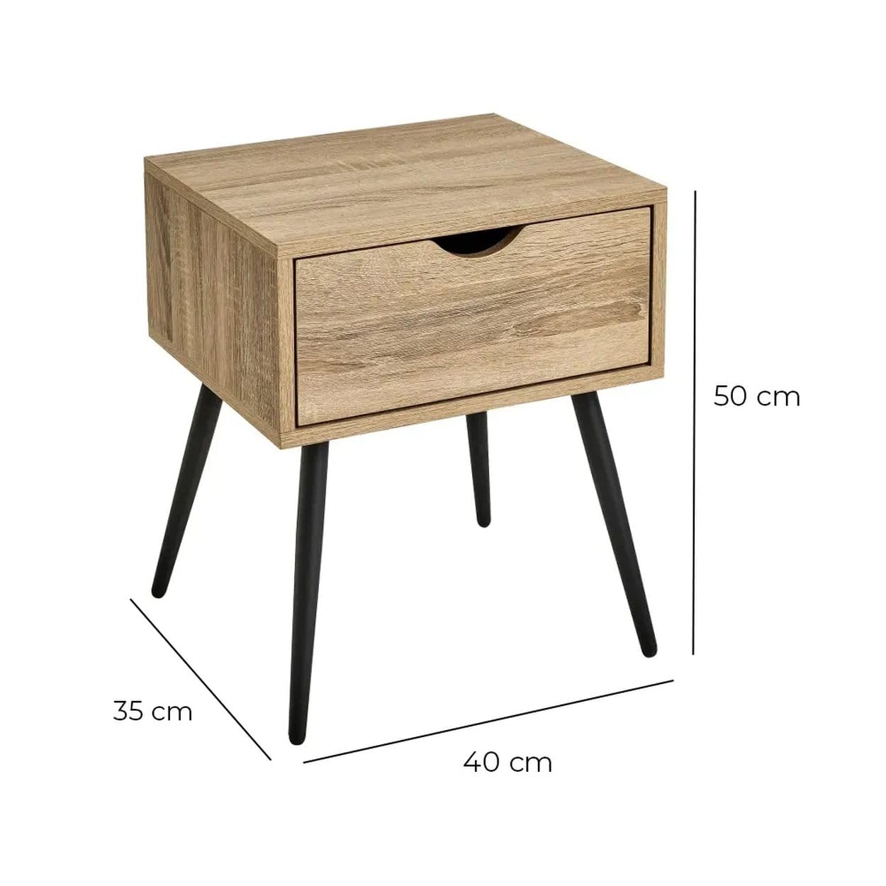 stolik nocny, stolik pomocniczy, 50 cm, komoda nocna z szufladą, naturalne drewno, beżowy, metalowe nogi, konsola nocna, do sypialni, nowoczesny design