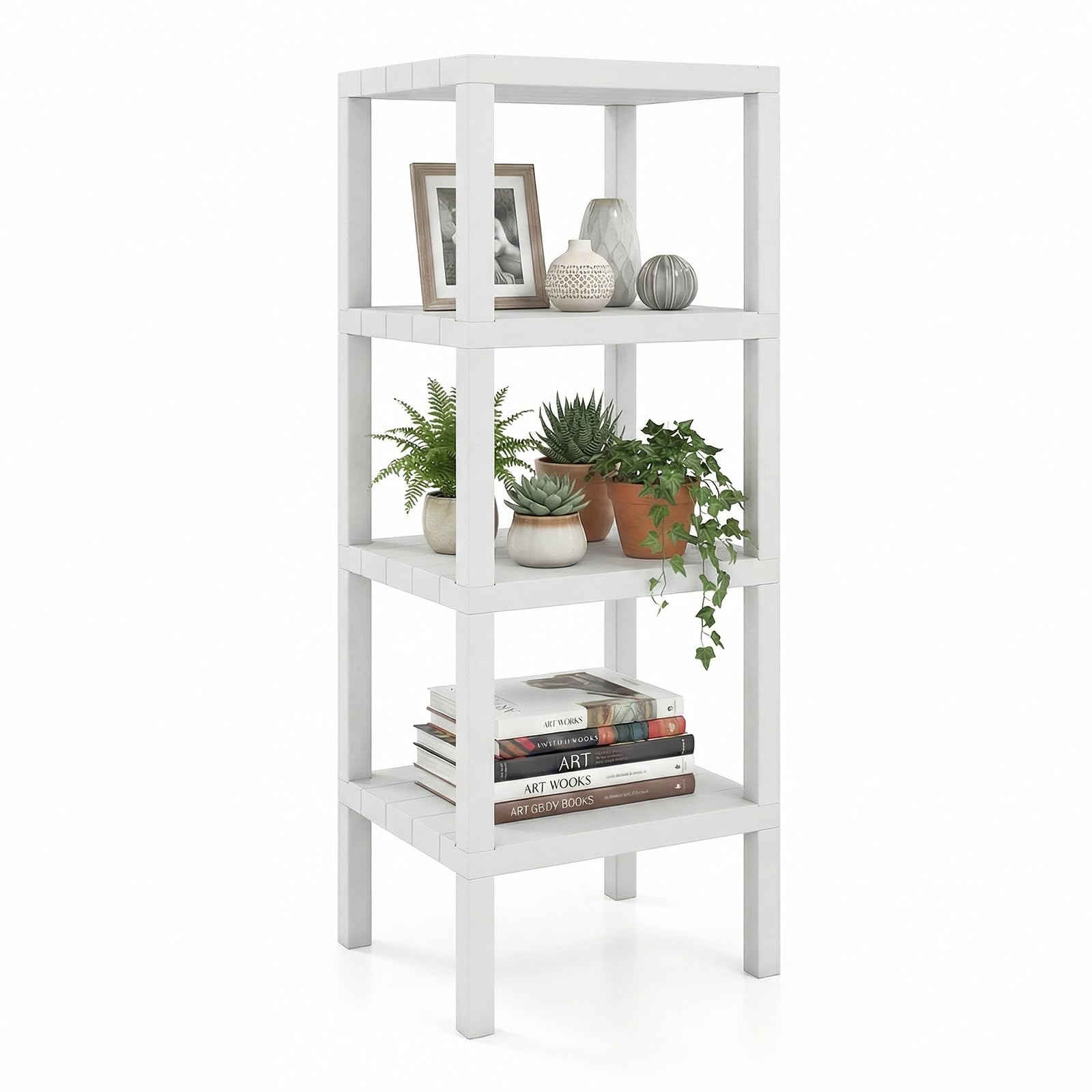 SFAREST 4-Tier Corner Bookshelf, Freestanding Display Rack Shelf Stand with Open Slatted Shelves, Narrow Ladder Storage Organizer Unit for Home Office Living Room Kitchen Bathroom (White, Rectangle)