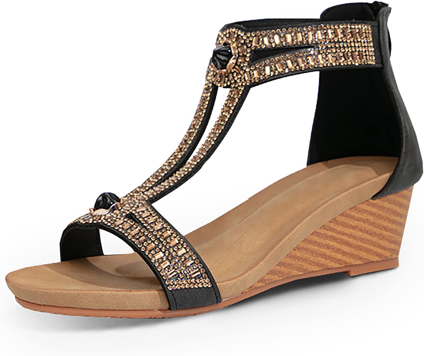 FRALOSHA Women Open-Toe Wedge Sandals with Rhinestones