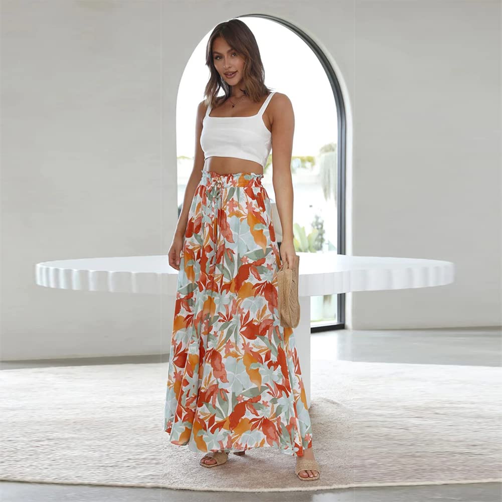 Odizli Pantaloni lunghi da donna eleganti bohémien, in chiffon, a vita alta, larghi, da spiaggia