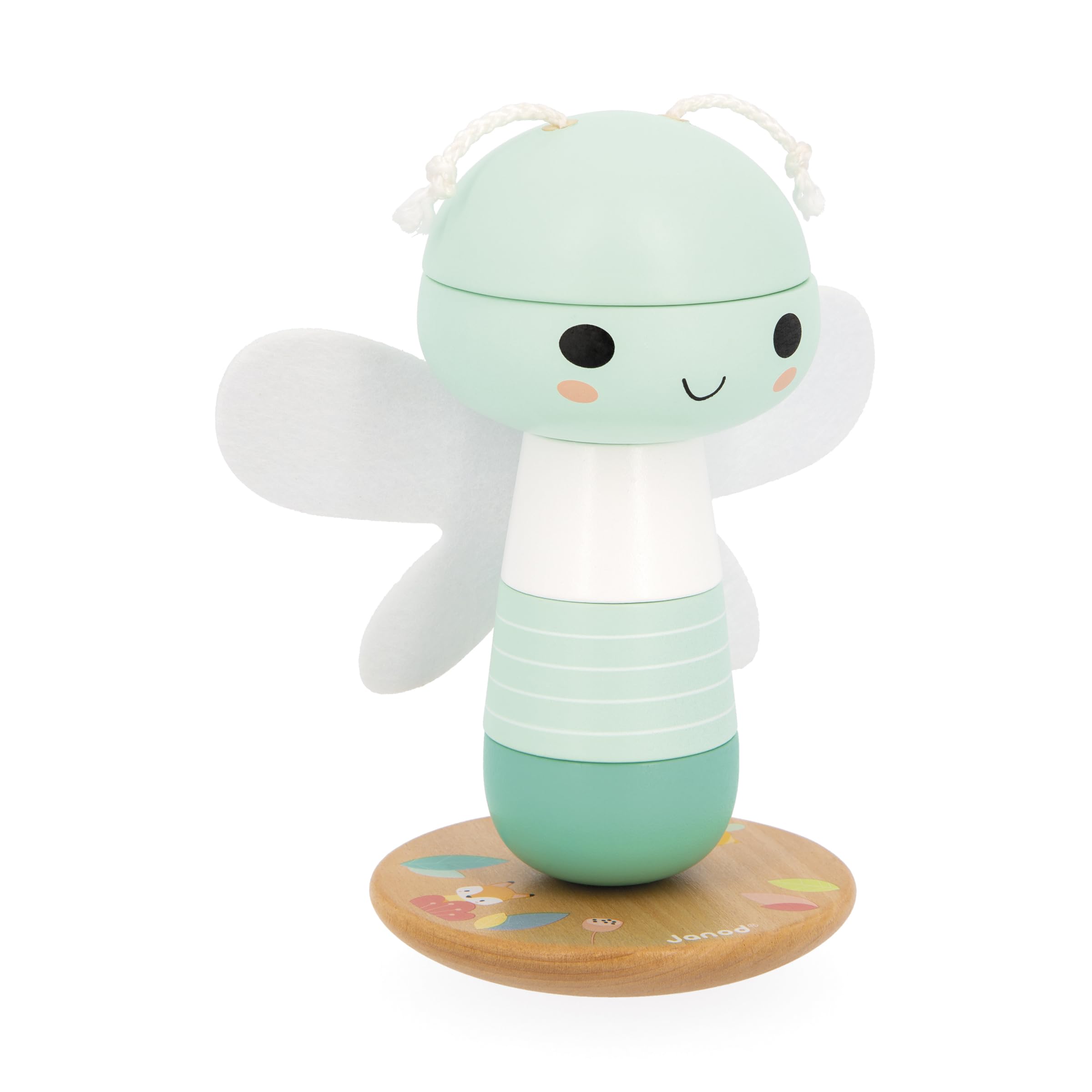 Janod - Stackable Wooden Culbuto Libélulle - Wooden Early Learning Toy - 5 Stacking Pieces with Felt Wings - Stacking Tower - Moving Base - Baby Toy From 1 year - J05144