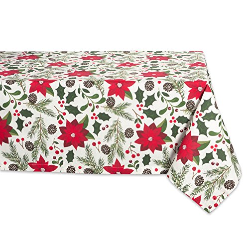 DII Woodland Holly Christmas Holiday Kitchen & Table Décor, Tablecloth, 52x52, Poinsettia & Christmas Greenery