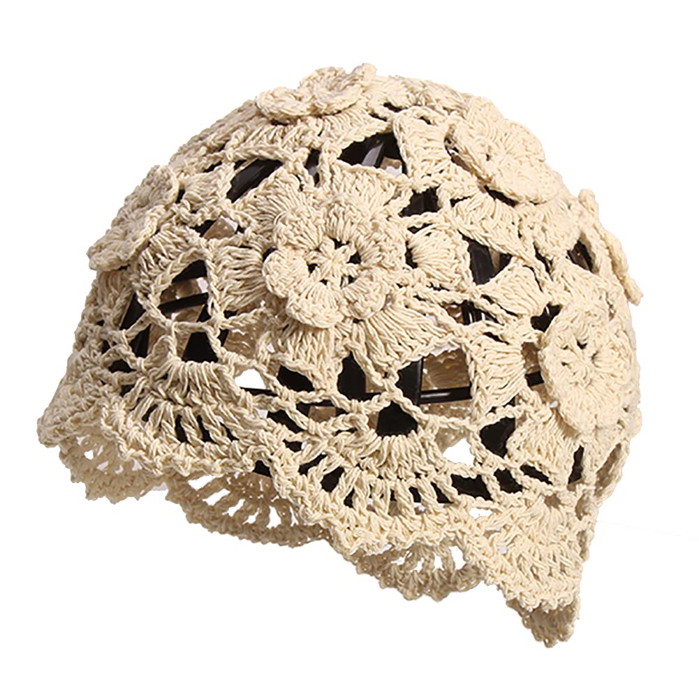 KEKY Morbido berretto lavorato all'uncinetto per donne e ragazze tinta unita beige lavorato a maglia cutout Slouchy Skull Cap, Crochet Beige, Taglia unica