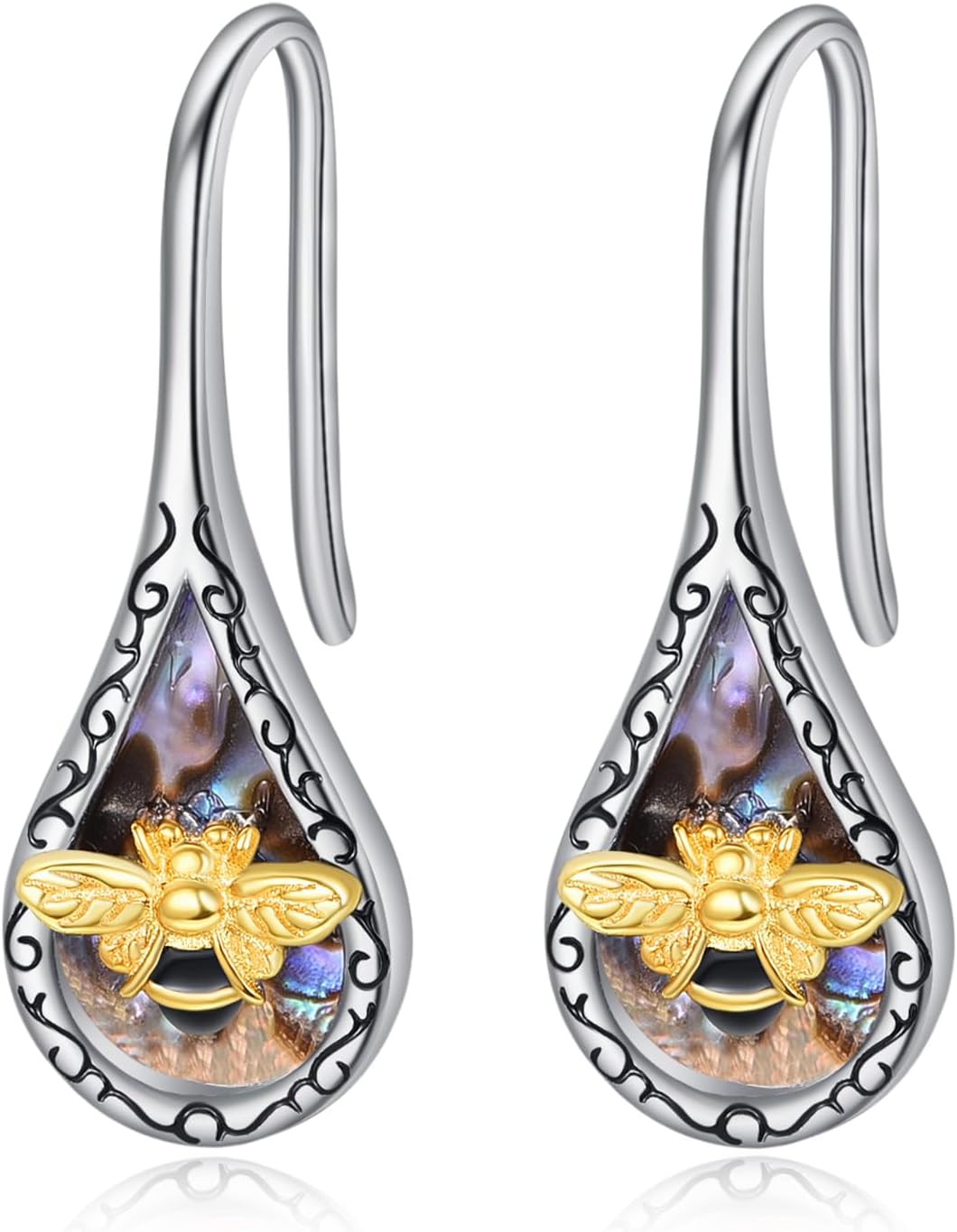 KINGWHYTE Bee Earrings 925 Sterling Silver Animal Drop Earrings Gold Plated Bumblebee Earrings Fashion Abalone Shell Jewelry Birthday Anniversaries Christmas Gifts for Women