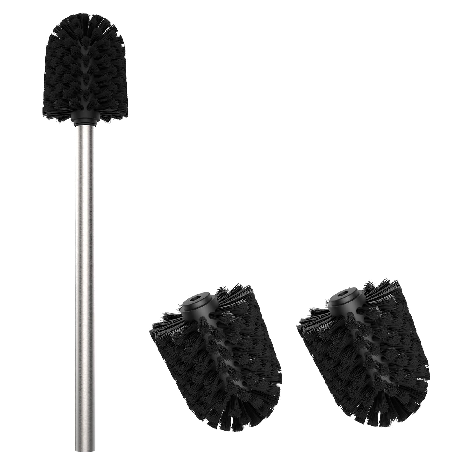 Mozmmhi Toilet Brush, Toilet Brush with 3 Replacement Heads, PP Toilet Brush Made of 304 Stainless Steel Handle for Bathroom Cleaning (Silver, 7 cm Diameter)