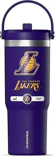 Hydrapeak x Vaso con licencia oficial de la NBA de Los Angeles Lakers, de 32 onzas, con asa y tapa con popote, botella de agua de acero inoxidable a