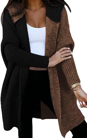 Astylish Women 2026 Fall Outfits Open Front Long Sleeve Hooded Knit Cardigan Sweaters Color Block Outwear Coats