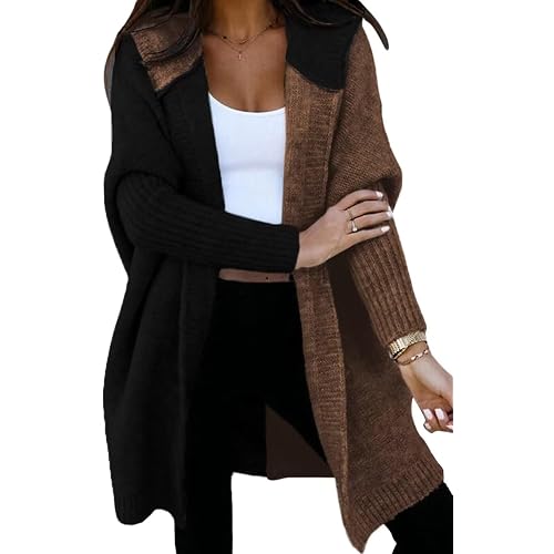 Astylish Women 2026 Fall Outfits Open Front Long Sleeve Hooded Knit Cardigan Sweaters Color Block Outwear Coats