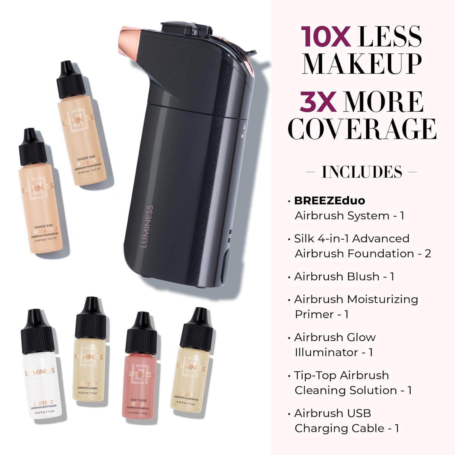 Luminess BREEZE DUO Airbrush Makeup System, Medium Coverage – 9-Piece Kit includes 2x Silk Airbrush Foundation, Soft Rose Blush, Glow Highlighter, Moisturizer Primer, and Airbrush Cleaning Solution