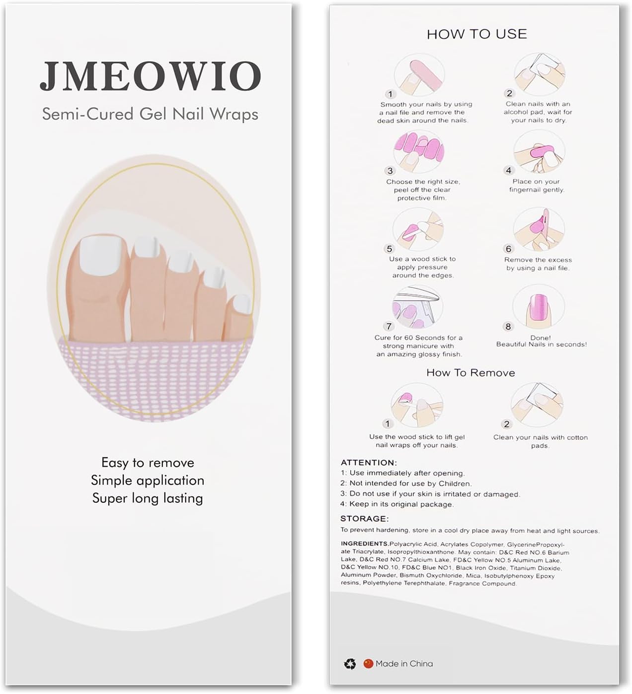 JMEOWIO Gel Toenail Stickers White Semi Cured Gel Strips Wraps UV/LED Supplies Toenail Art Design Decoration Accessories