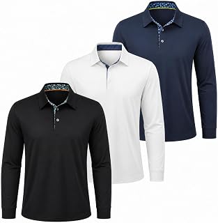 3 Pack Mens Polo Shirts Long Sleeve Print Collared Golf T Shirts | Ultra-Stretch Fabric, Moisture-Wicking, Quick-Dry, Golf, Travel, Business Casual, Fall & Winter Wear, Work, Office & Layered