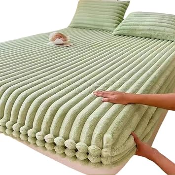 Faux Rabbit Plush Fitted Sheet-Fluffy Thickened Fitted Sheet with Stretchable Pockets Queen Size Super Soft Twin Size Bed Sheets Luxury Feel,Easy Fit Machine WashableGreen,200x220cm-3pc Set