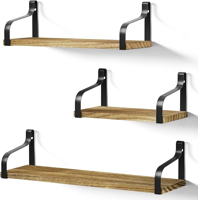 Love-KANKEI Rustic Shelves, Decorative Wall Shelf Set of 3, Floating Shelves for Bathroom, Bedroom, Living Room,Kitchen, Office and More, Carbonized Black