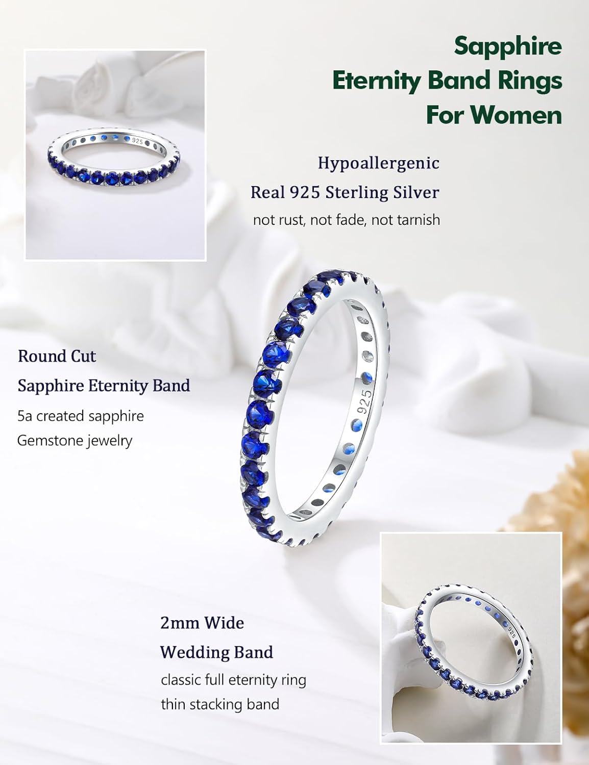 Full Eternity Band Rings for Women Sterling Silver/Yellow Gold Plated Wedding Bands Sapphire/Emerald/Ruby 2mm Thin Stacking Anniversary Ring Size 6-10