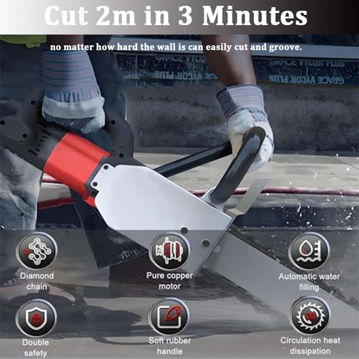 Motosierra eléctrica para muros, con profundidad de corte de 35/48 cm, equipo industrial para cortar hormigón con bomba de agua, 2 cadenas y 2 barras guía para granito, hormigón y piedra,48cm